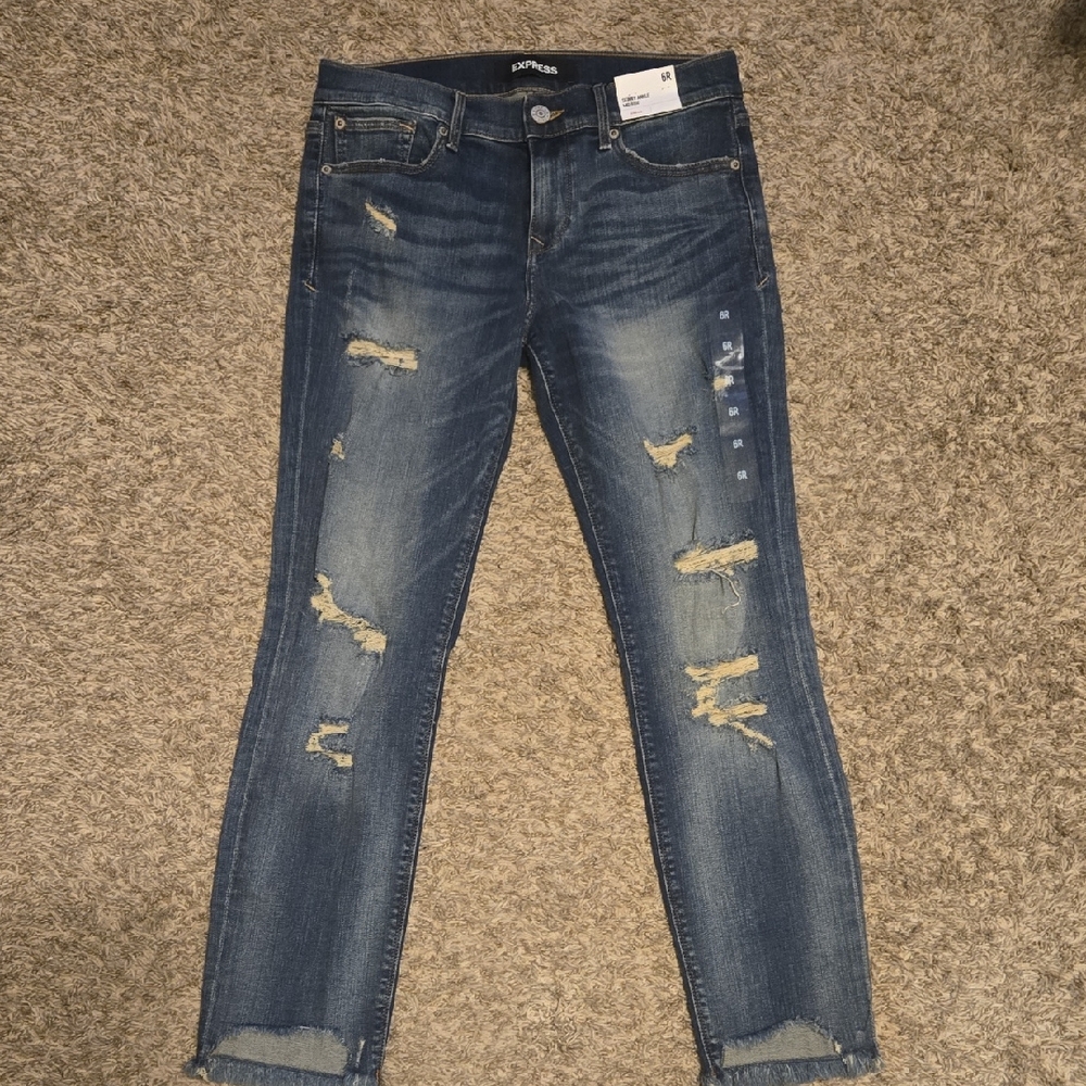 Express Mid-Rise Distressed Skinny Jeans - Dark Blue